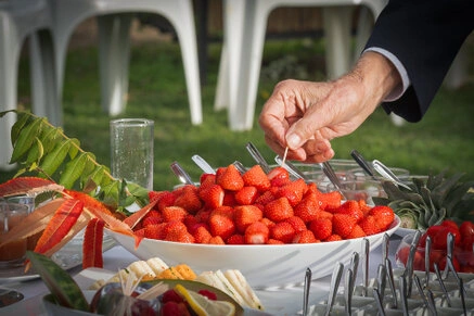 Buffet de mariage avec fraises fraîches et pièces cocktail lors du vin d’honneur en extérieur