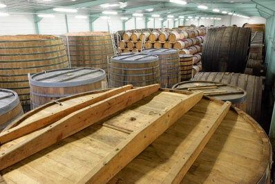 Vue d’ensemble d’un espace de stockage avec de nombreux fûts en bois alignés dans un bâtiment industriel