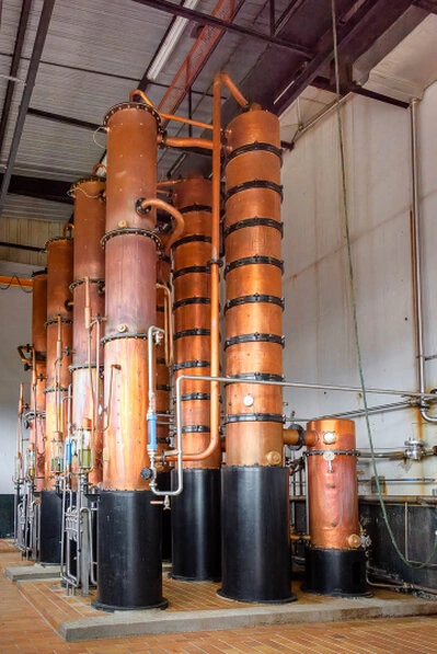 Alambics en cuivre alignés dans un atelier de production pour la distillation