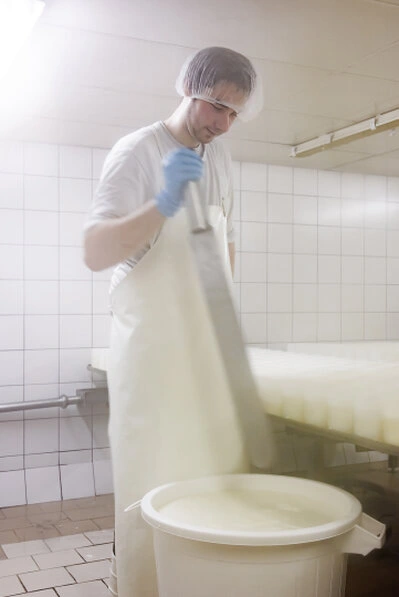 Homme manipulant du lait ou du caillé dans un atelier de fabrication fromagère avec un geste technique